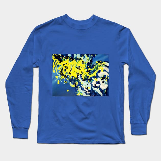 Blue Yellow Liquid Art Long Sleeve T-Shirt by Encino